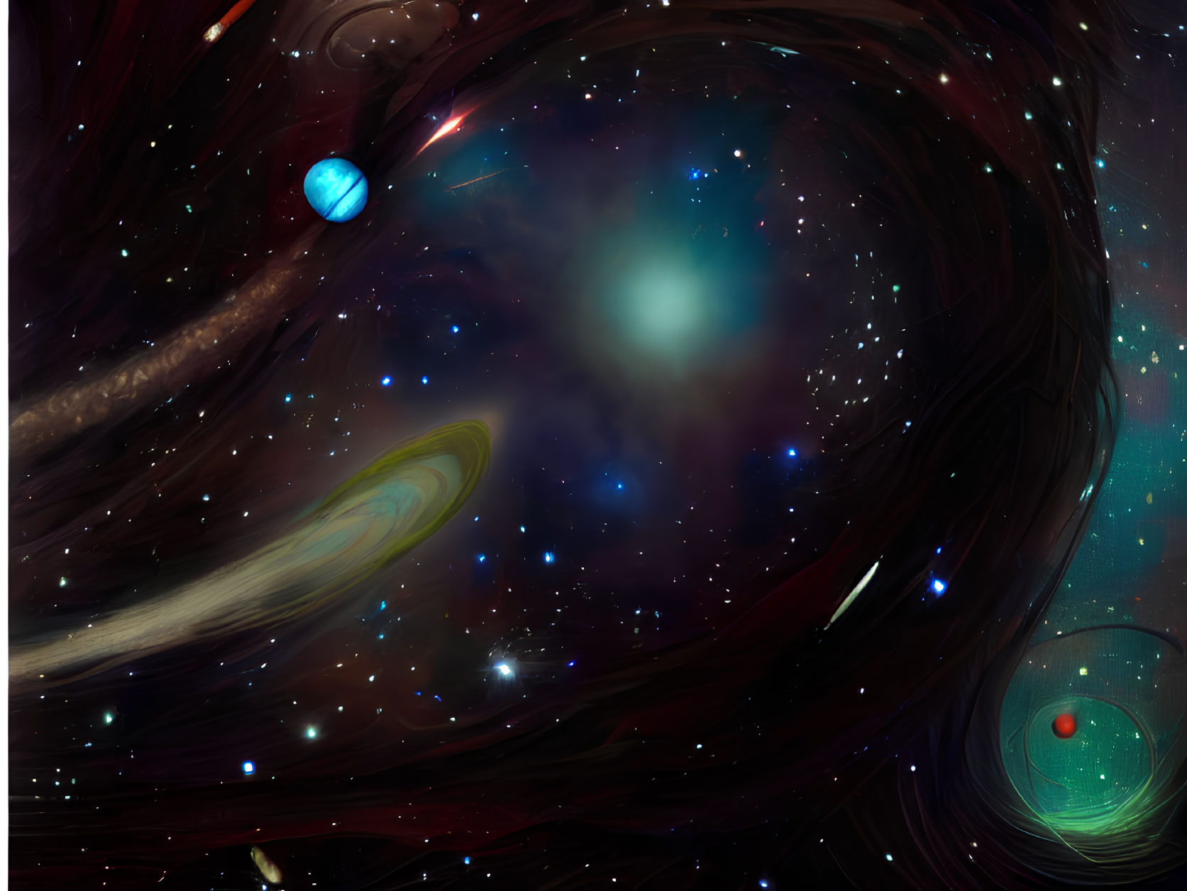Colorful swirling galaxy with stars and planets in digital art.