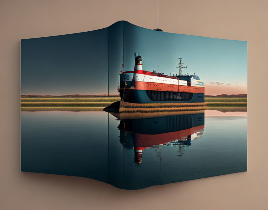 Canvas Artwork: Ship at Sunset on Calm Waters with Corner Fold Effect