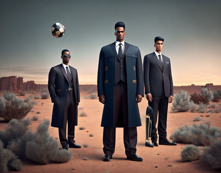 Three men in stylish suits balancing soccer ball in desert