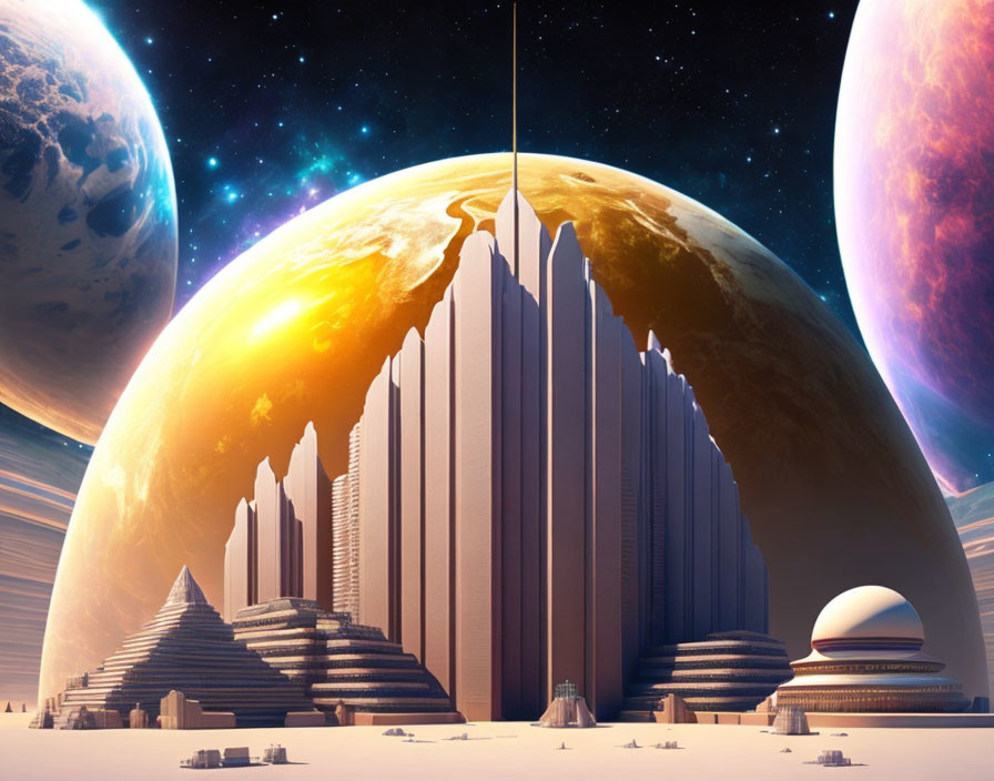 Futuristic cityscape with pyramid-like structures and celestial bodies.