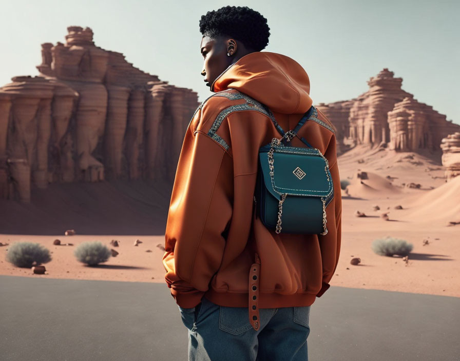 Stylish Person in Orange Jacket and Jeans with Teal Backpack in Desert Landscape