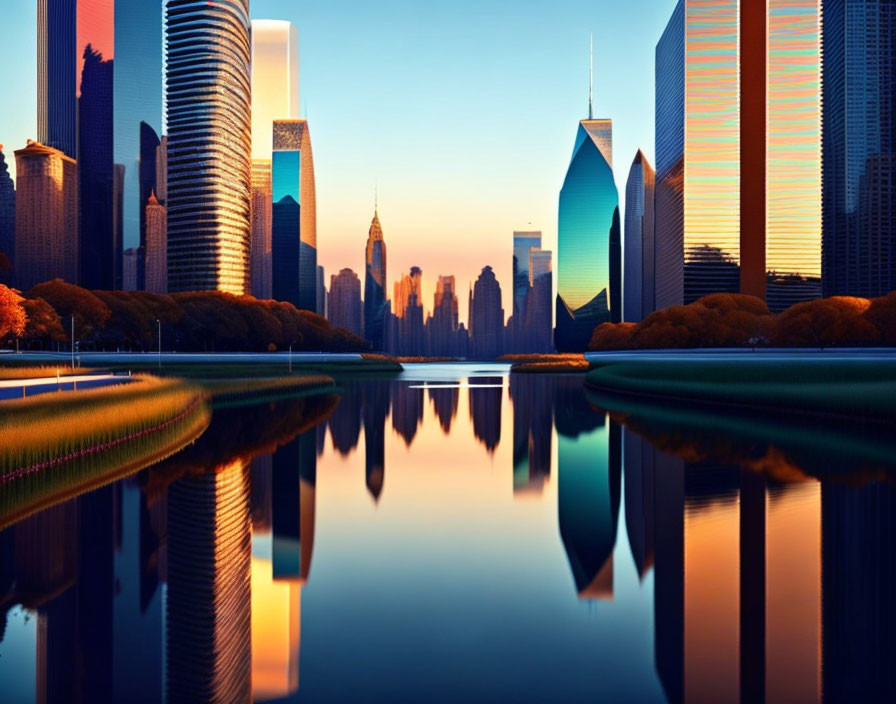 Cityscape reflected in calm water at sunset with skyscrapers silhouetted against orange and blue