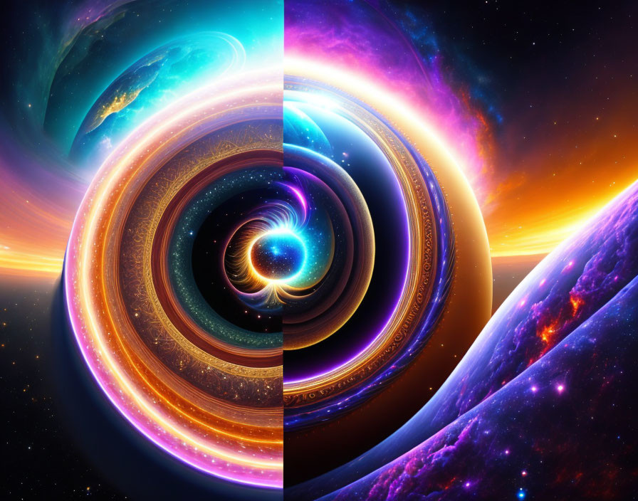 Abstract Space Scene with Swirling Cosmic Elements and Celestial Bodies