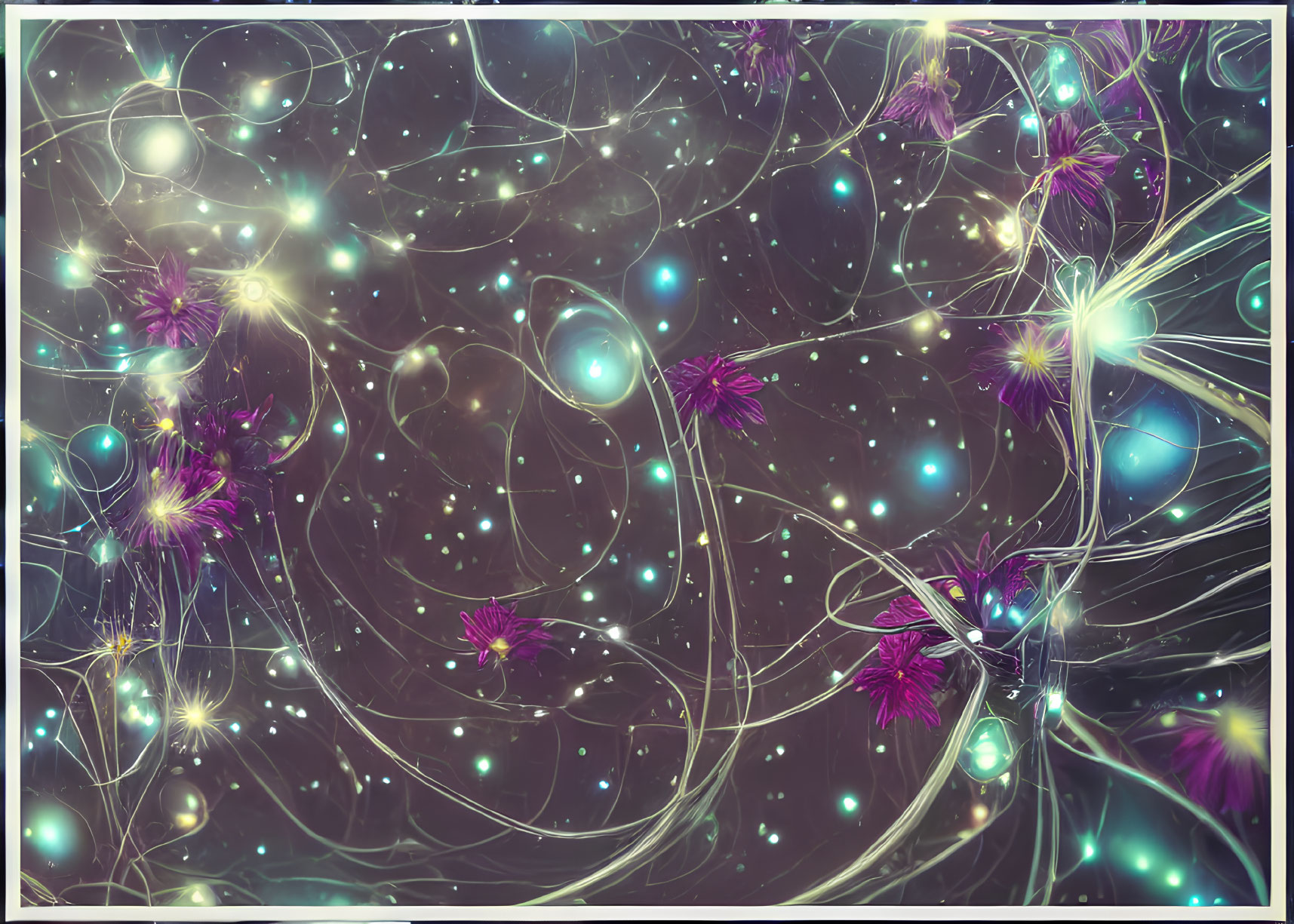 Digital artwork: Glowing intertwined lines, light flares, purple flowers, blue specks