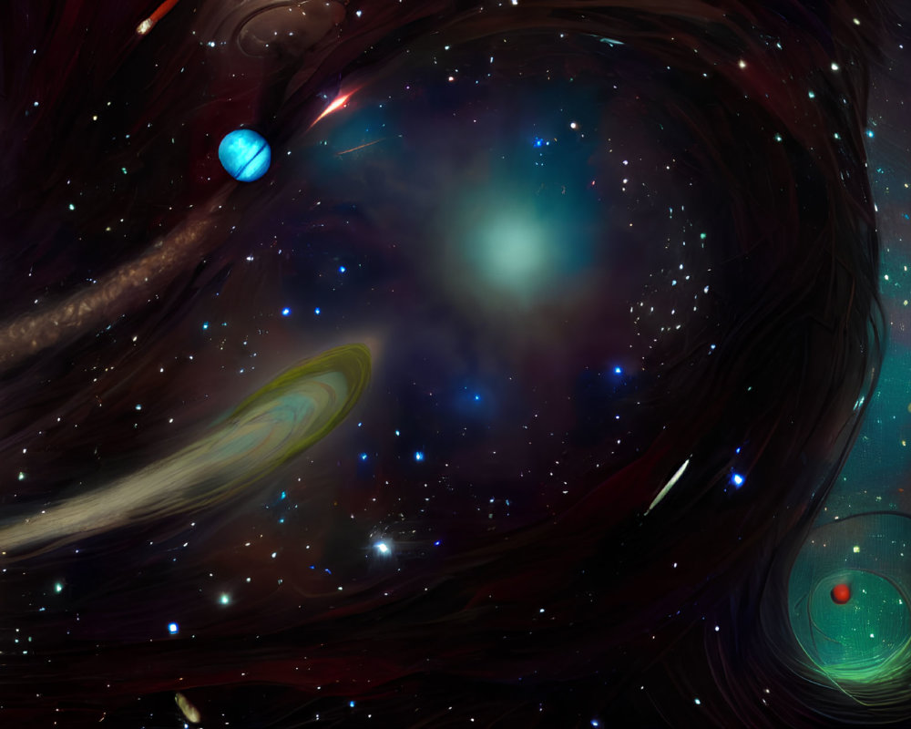 Colorful swirling galaxy with stars and planets in digital art.