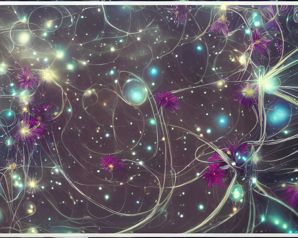 Digital artwork: Glowing intertwined lines, light flares, purple flowers, blue specks