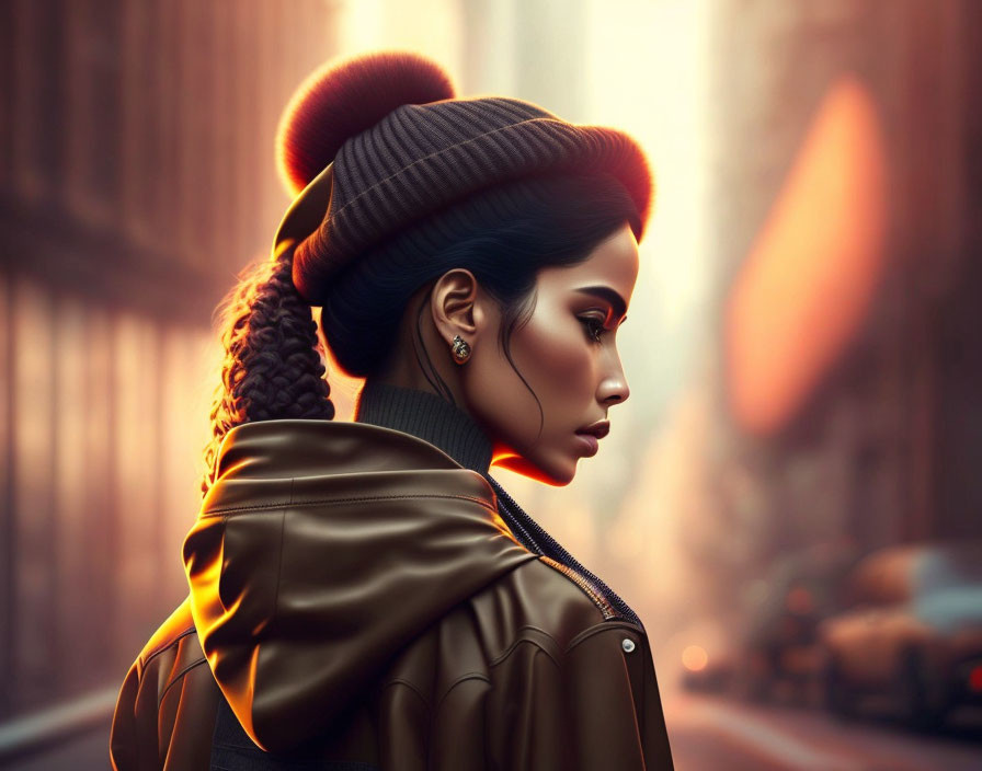 Braided hair woman in leather jacket looking left with city street backdrop