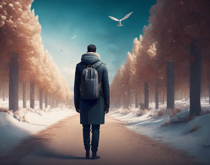 Person in coat with backpack on snowy path surrounded by autumn trees under surreal blue sky with birds.