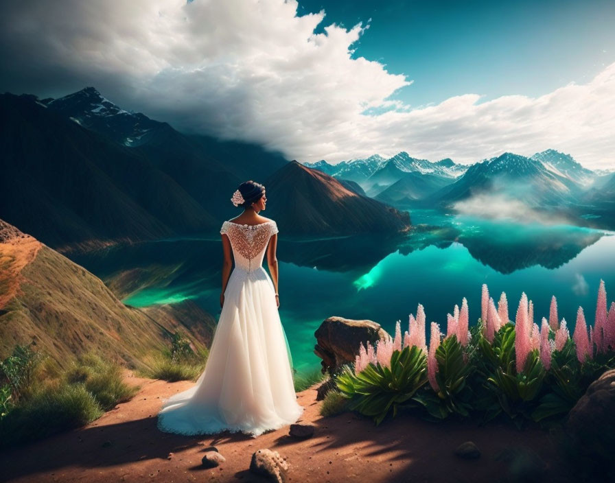 Woman in white dress by serene lake with mountains and purple flowers