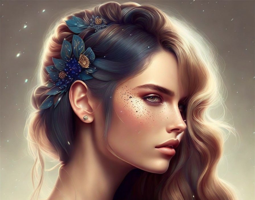 Woman with Blue and Blonde Hair and Floral Adornments in Celestial Setting