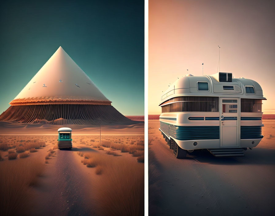 Surreal landscapes: pyramid and bus in desert, retro-futuristic trailer at dusk