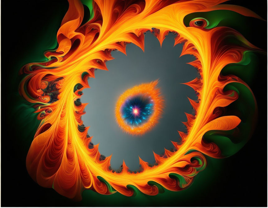 Fiery Orange and Yellow Fractal Art on Black Background