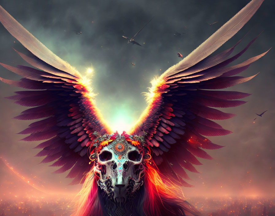 Colorful Winged Skull in Surreal Fiery Landscape with Stormy Sky