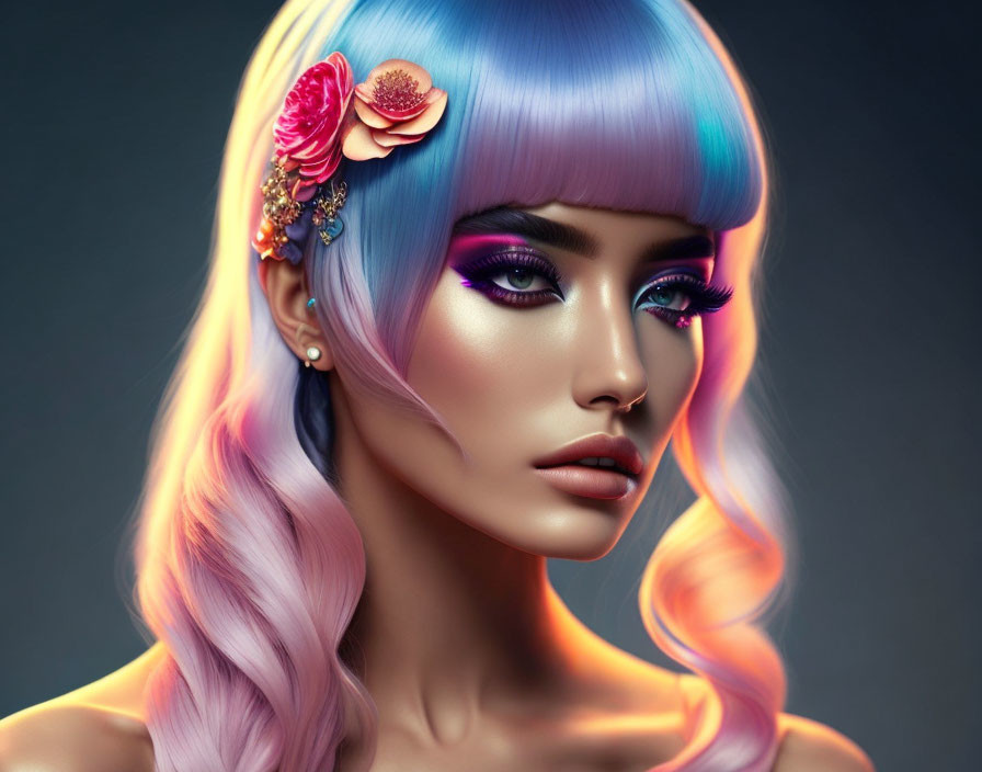 Illustration of woman with blue and pink ombre hair, floral adornments, and vibrant makeup