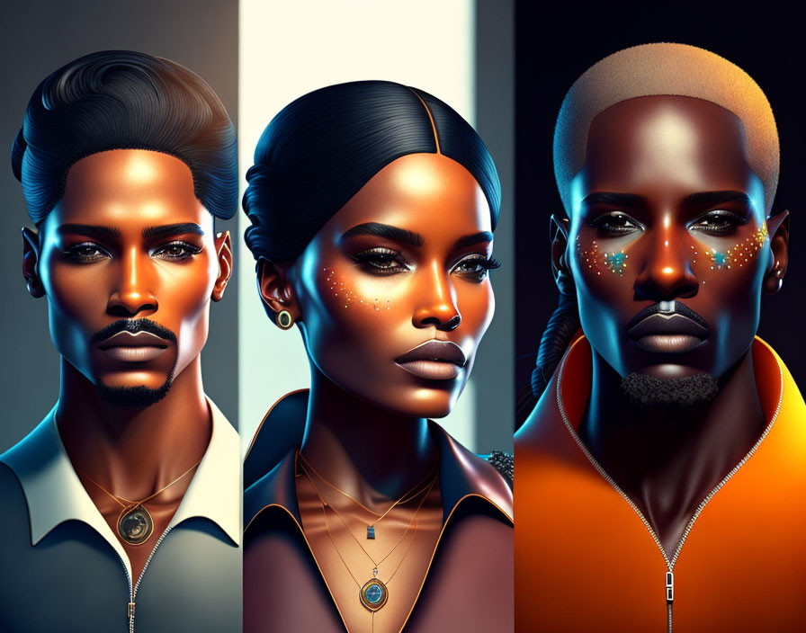 Stylized digital portraits of individuals with glowing skin and futuristic fashion