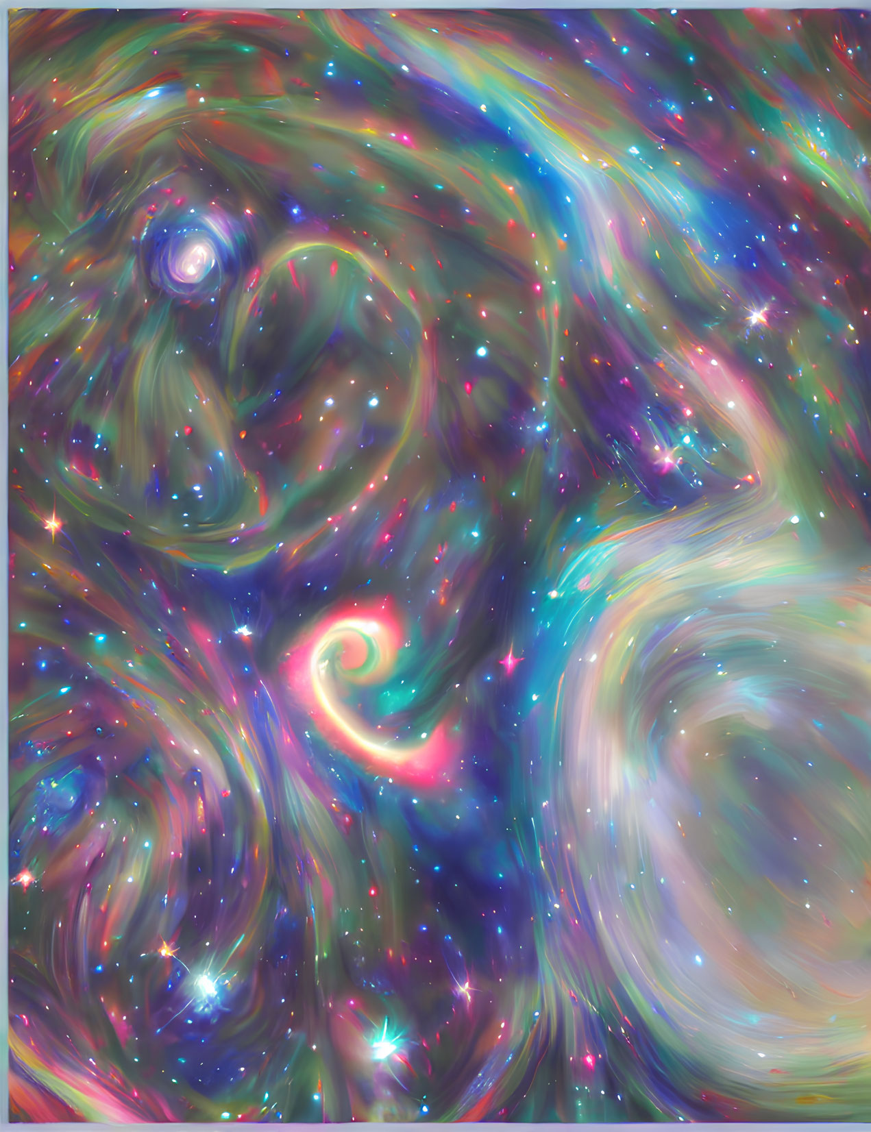 Vibrant swirling galaxy with stars and nebulae in blues, pinks, and greens