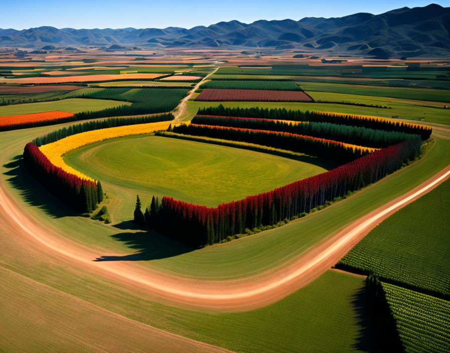 Vibrant geometric agricultural fields with circular tree plantation and dirt roads.