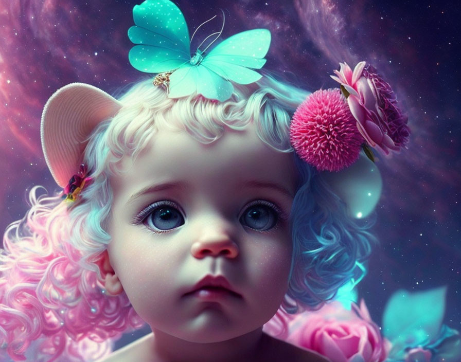 Digitally-enhanced image: Young child with blue eyes, pink hair, butterfly, flowers, cosmic