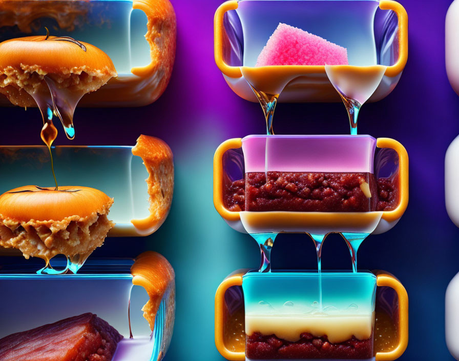 Colorful dessert ingredients layered in bowls with caramel and blue sauces.