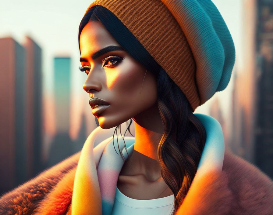 Digital artwork of woman in striking makeup with beanie and colorful scarf against city skyline at sunset