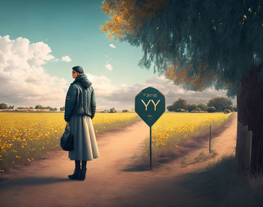 Person by Y-shaped signpost in vibrant field of yellow flowers under large tree on clear day