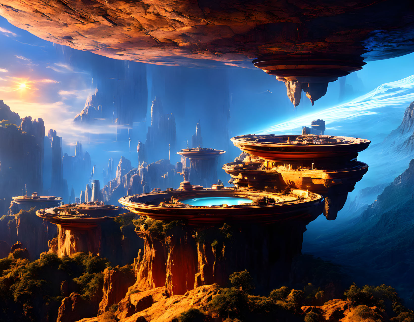 Futuristic city with disc-shaped structures on cliffs at sunset