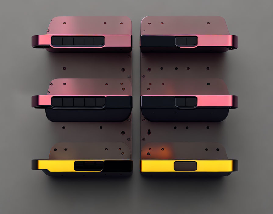 Gradient pink to black smartphones with yellow accent on grey background