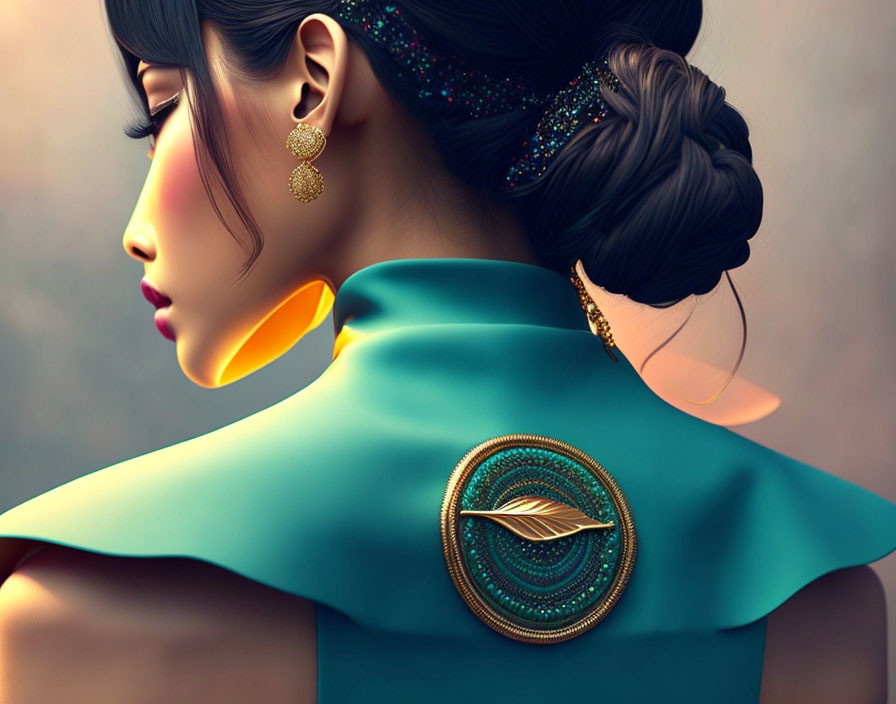 Profile of Woman in Teal Dress with Golden Brooch and Earrings