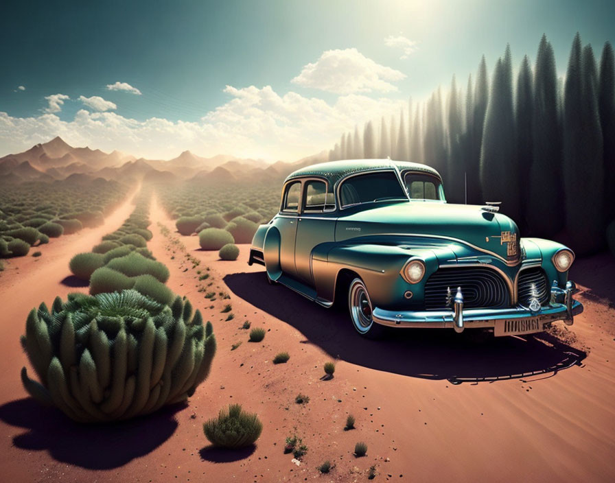 Vintage Car Parked on Sandy Path with Cacti and Cone-Shaped Trees