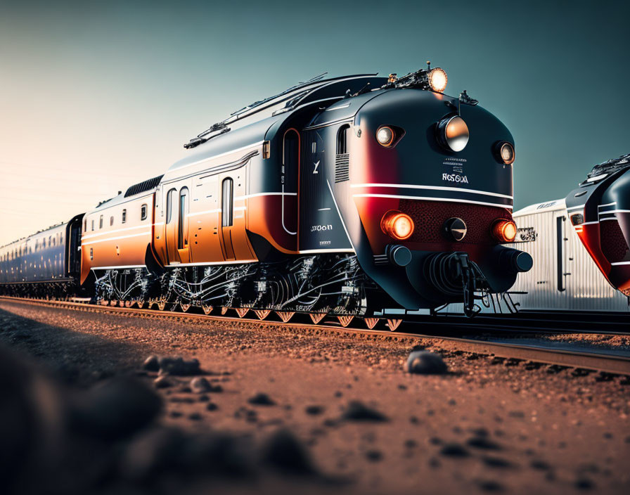 Modern trains on tracks with sleek orange and silver designs in clear dusk sky