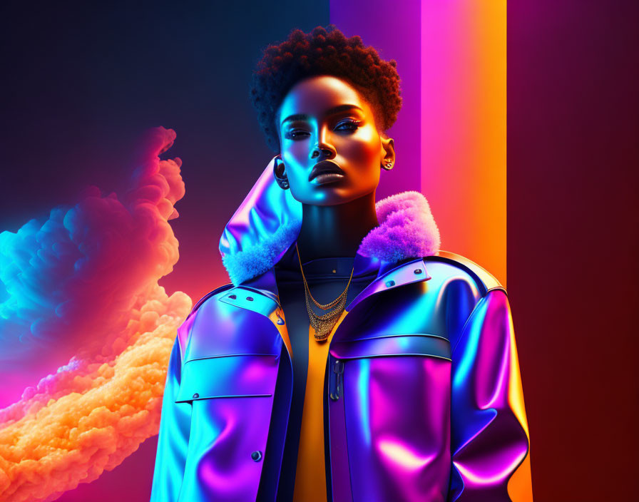 Vibrant digital artwork of woman with afro in purple jacket on neon background