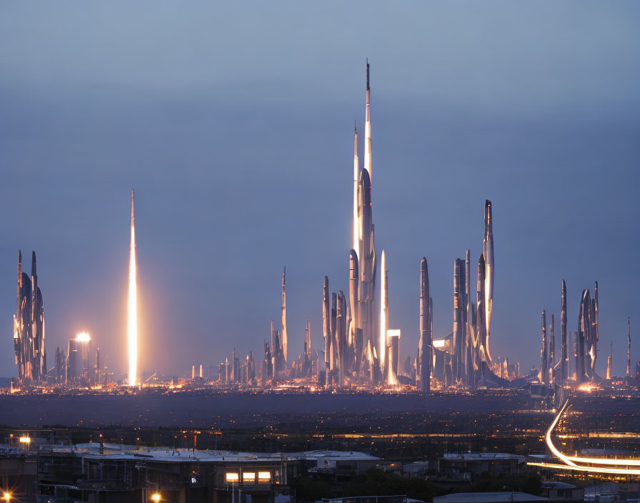 Futuristic twilight cityscape with illuminated skyscrapers and light trails.