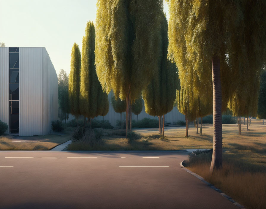 Tranquil street scene with tall trees and modern building at dawn or dusk