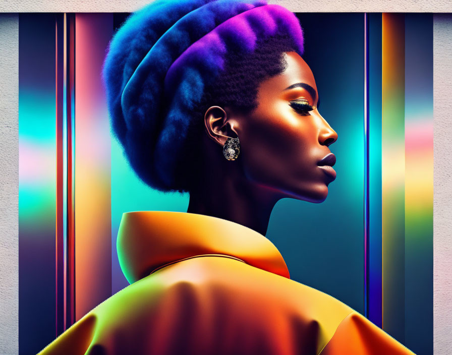 Vibrant woman with blue and purple afro in yellow garment against neon background