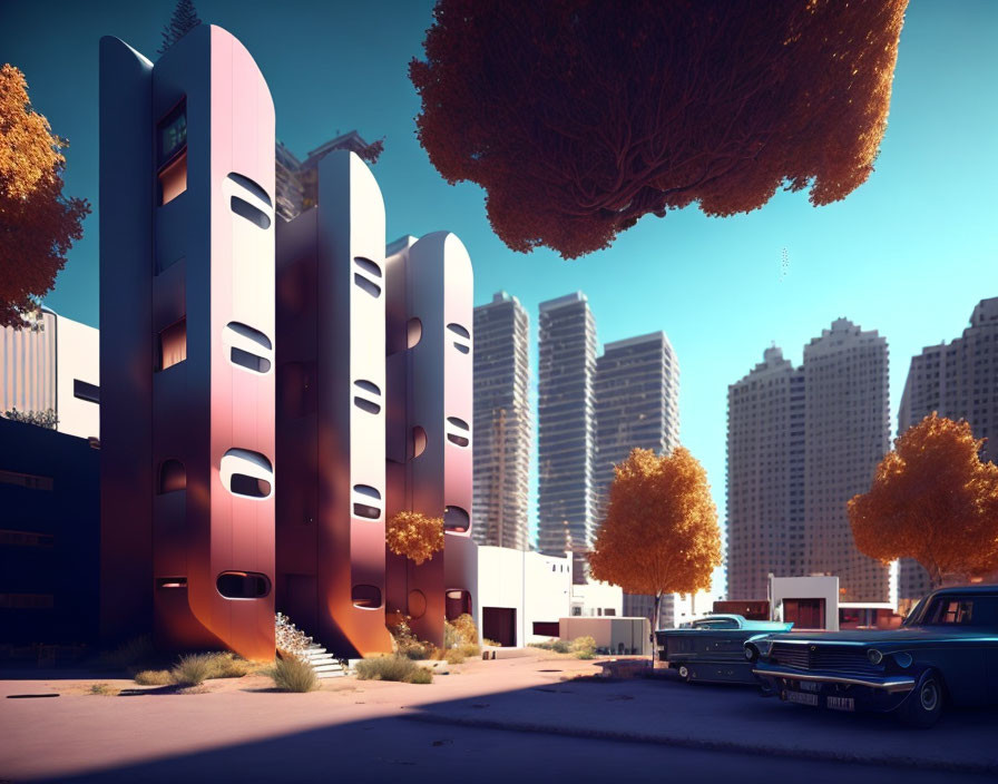 Pink futuristic buildings with curved design, vintage car on urban street, surrounded by orange foliage.