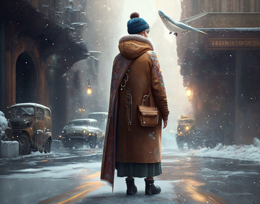 Person in winter attire on snowy street with vintage cars and ornate cityscape.