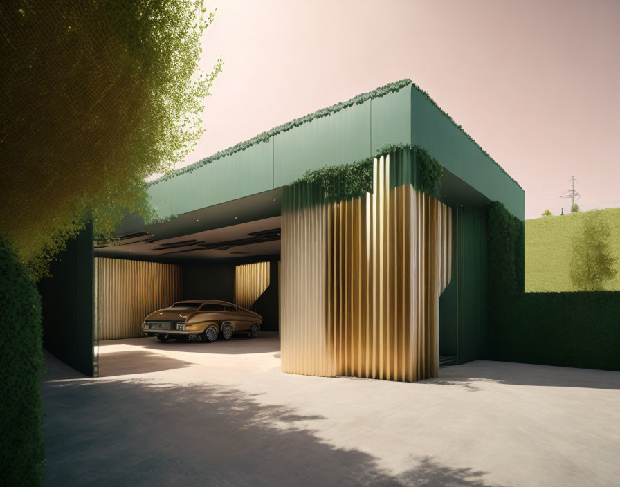 Vintage car in modern garage with open door and green vine-covered walls