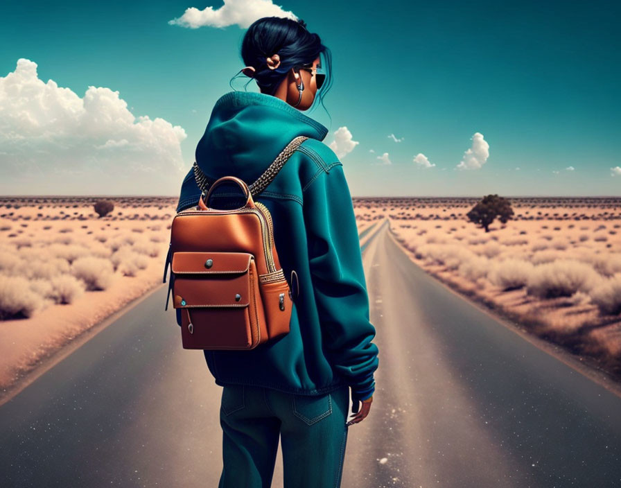 Person in teal hoodie and sunglasses with backpack on desert road