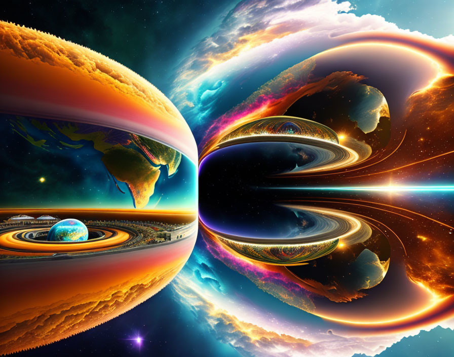 Colorful Sci-Fi Digital Artwork: Cosmic Planets, Galaxies, Celestial Lights