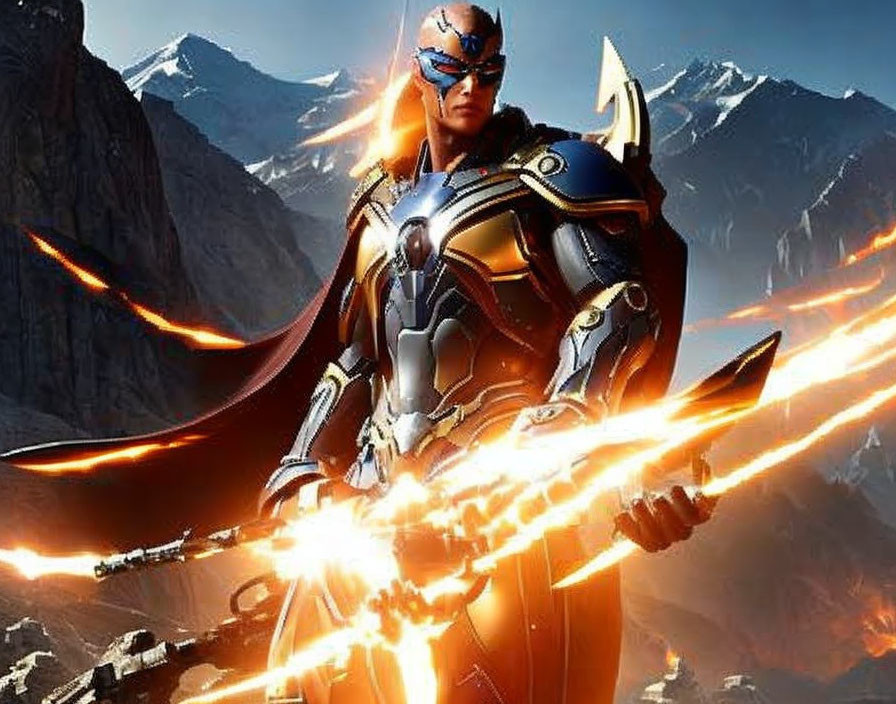 Futuristic armored character with winged helmet holding glowing orange weapon against mountainous backdrop