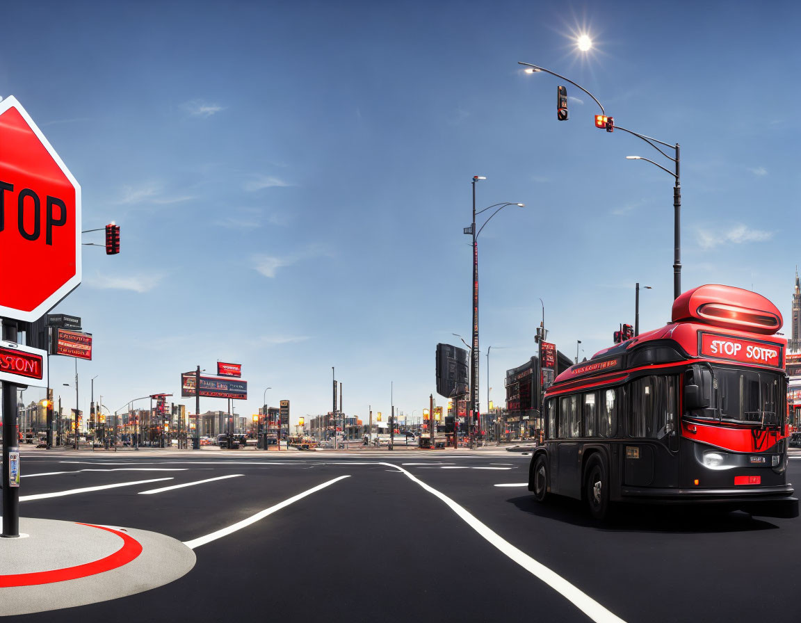 Red Double-Decker Bus at Urban Stop Sign with Blue Skies