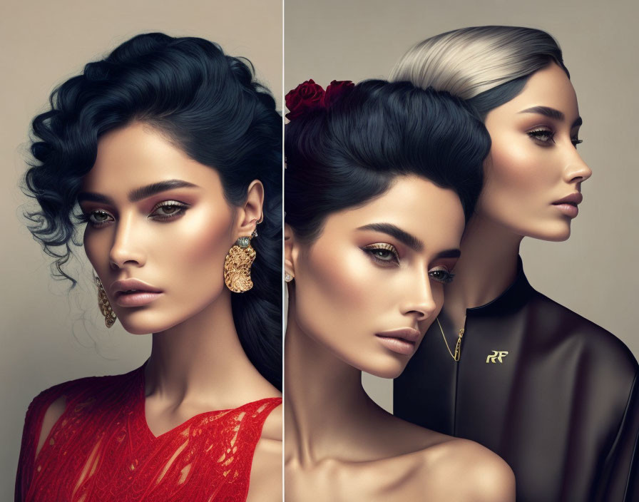 Two women with stylish hair and makeup, one with a red flower in her hair and the other in