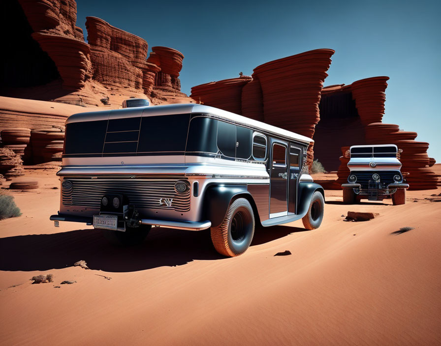 Silver Retro-Futuristic Bus Parked in Red Desert Sands