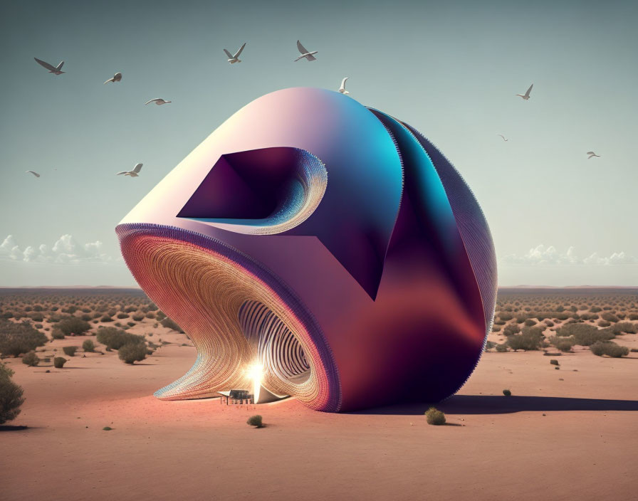 Colorful Shell-Like Structure in Desert with Luminous Entrance