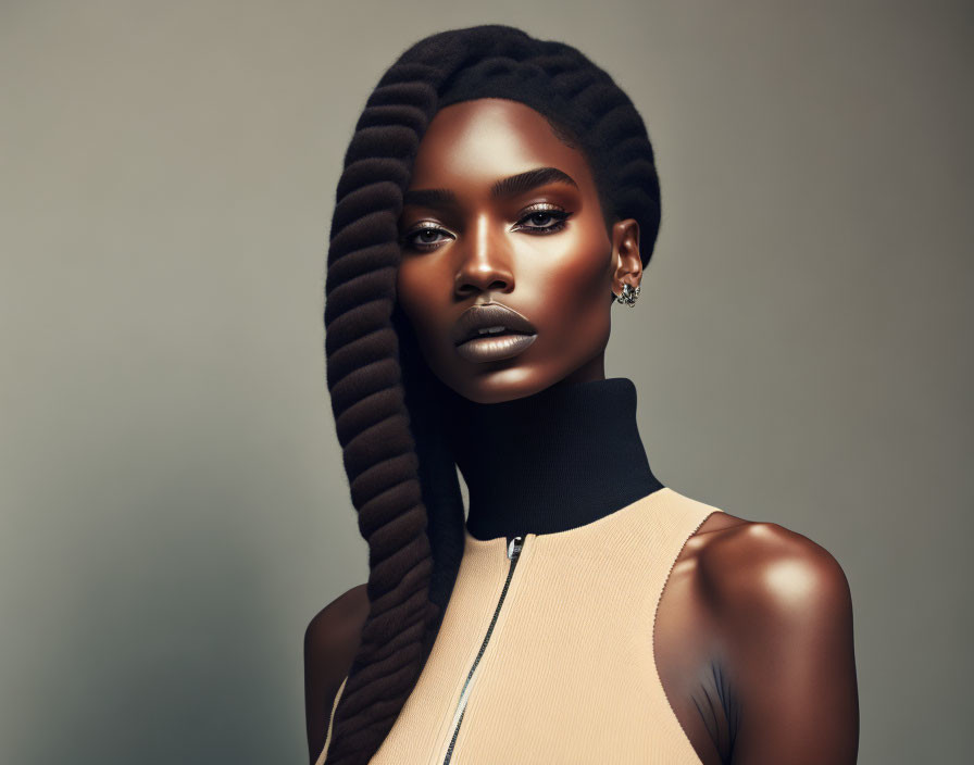 Sculpted features woman in high-collar outfit with braided hairstyle