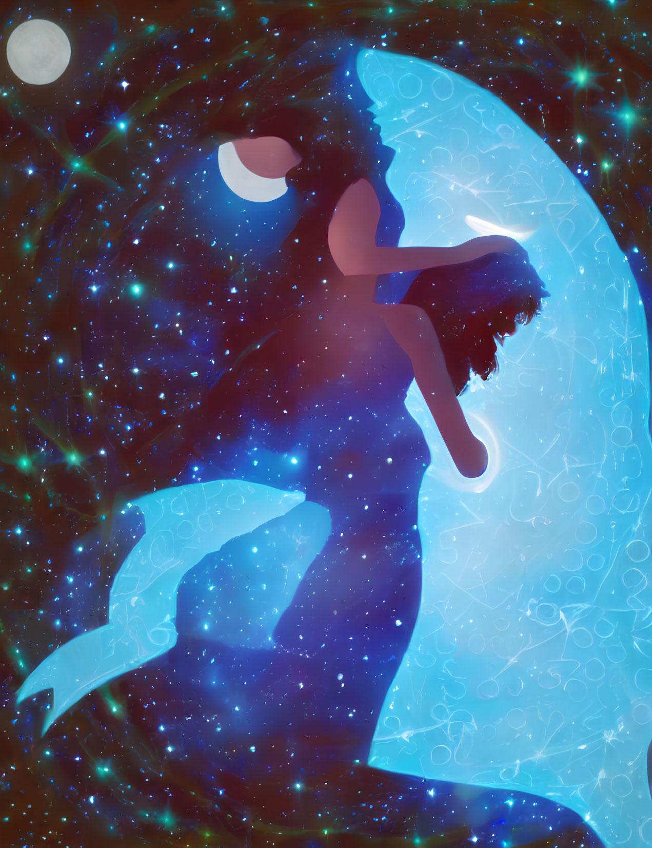 Mermaid silhouette with flowing hair in cosmic backdrop