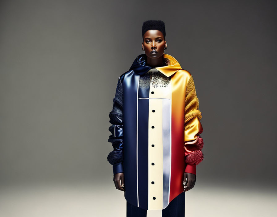 Model in Colorful Geometric Coat on Neutral Background
