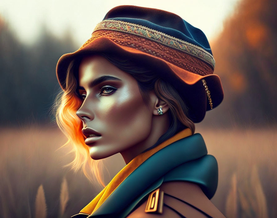 Digital illustration of a woman in stylish hat and coat against autumn background