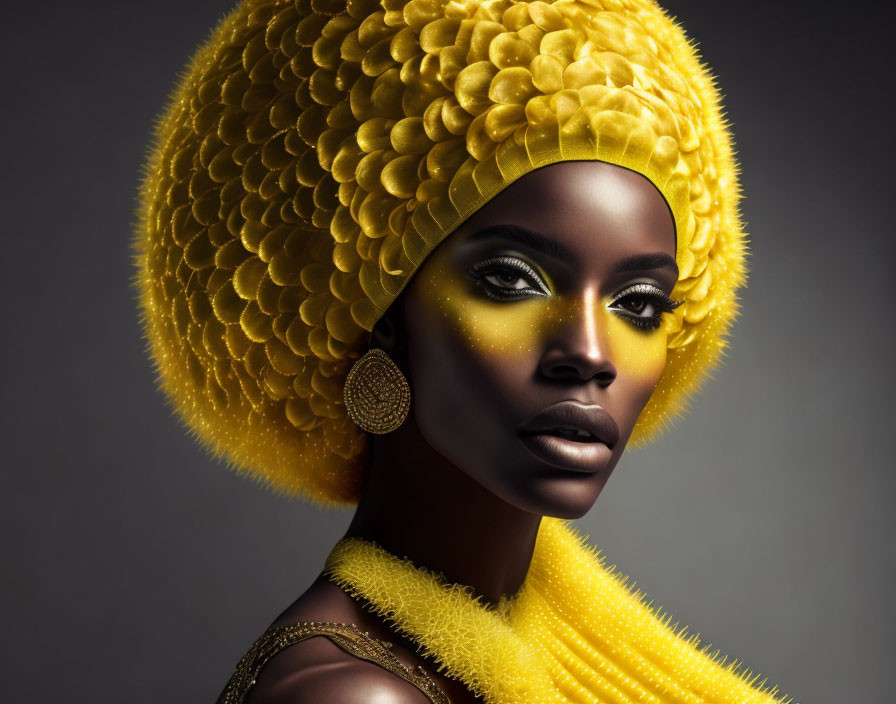 Dark-skinned woman in yellow textured headpiece and attire with gold earrings