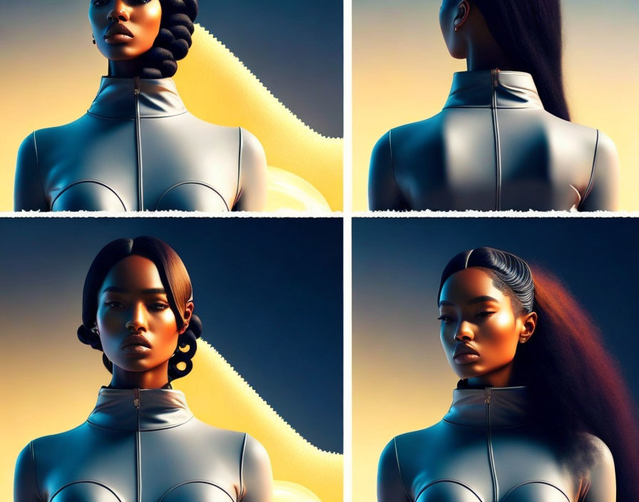 Stylized Female Figure in Futuristic Clothing on Amber Background